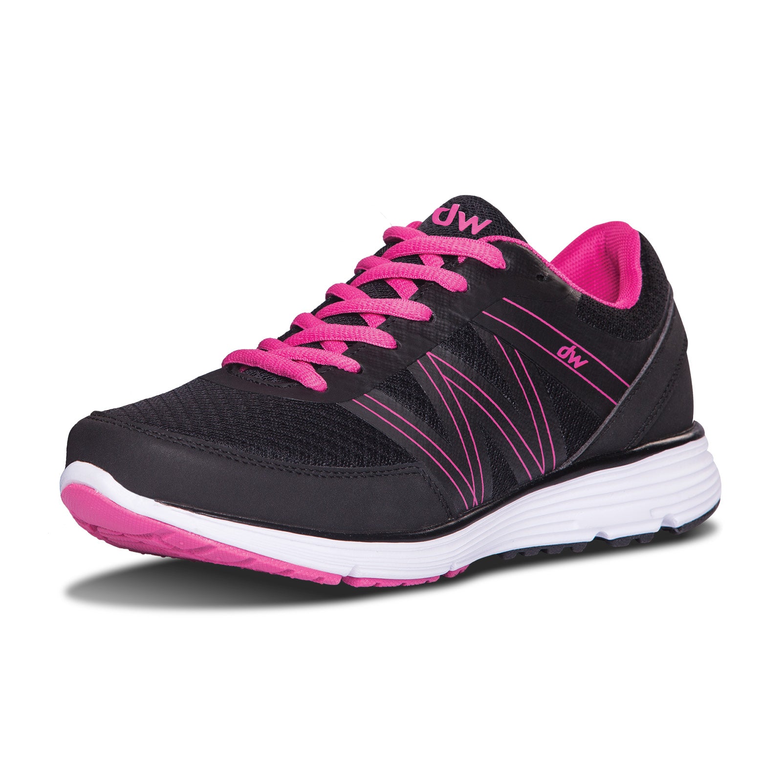 Close-up of Diawin black sneakers with pink laces for wide and diabetic feet, perfect for daily activities.