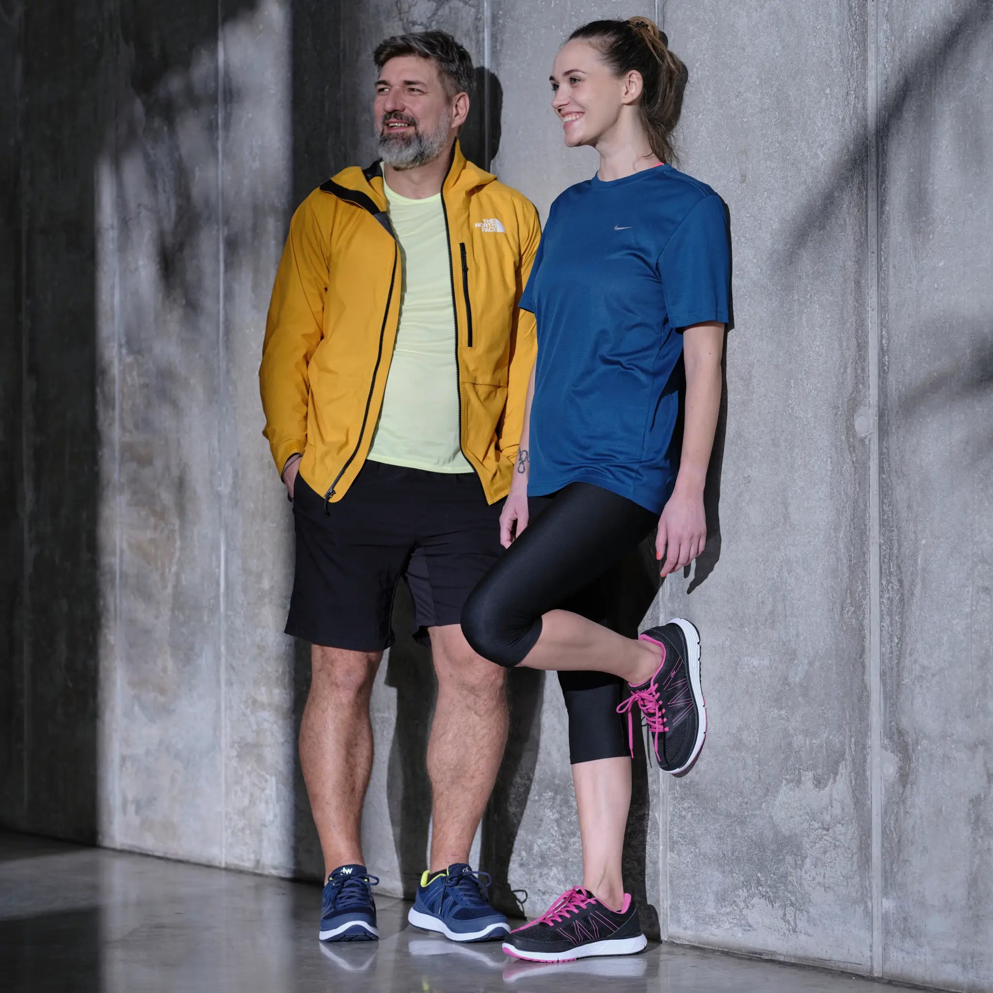 Man and woman wearing Diawin black sneakers for wide and diabetic feet during exercise.