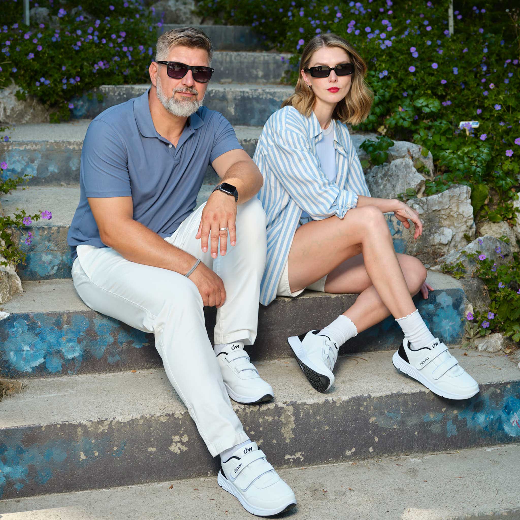 Man and woman in Diawin white sneakers outdoors, comfortable shoes for diabetic feet