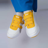 Close-up of Diawin yellow shoes for wide diabetic feet, comfortable fit.